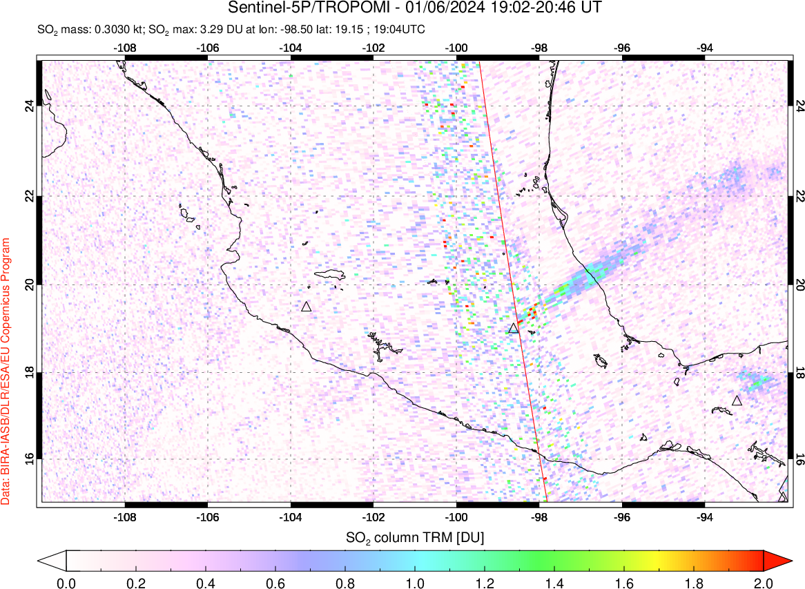 A sulfur dioxide image over Mexico on Jan 06, 2024.