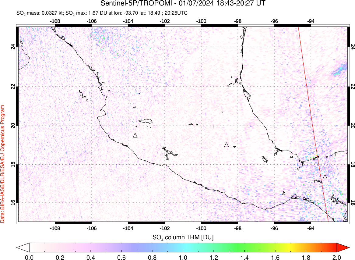 A sulfur dioxide image over Mexico on Jan 07, 2024.