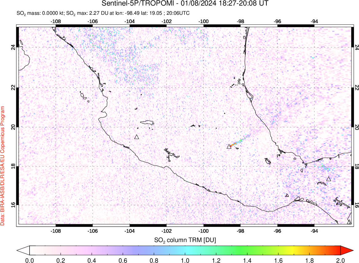 A sulfur dioxide image over Mexico on Jan 08, 2024.