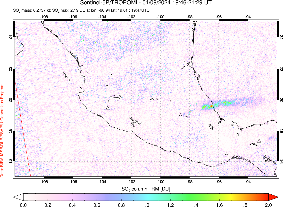 A sulfur dioxide image over Mexico on Jan 09, 2024.