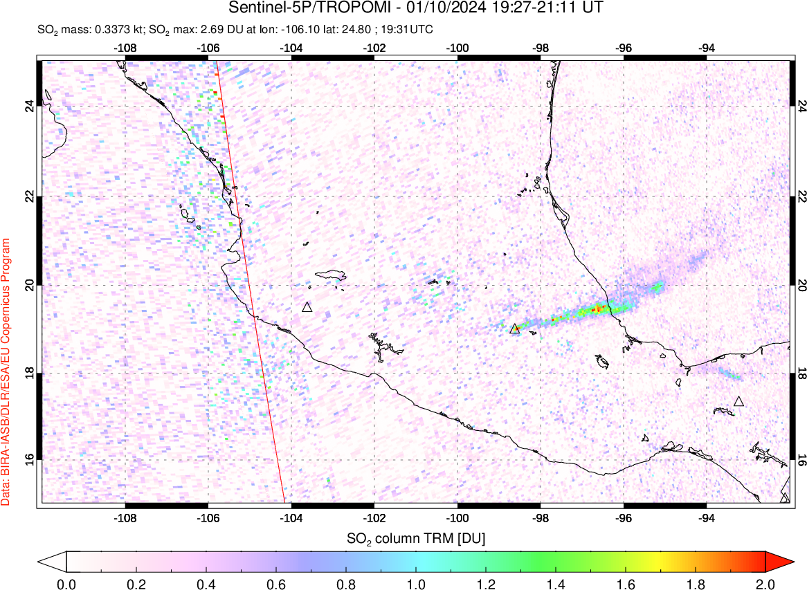 A sulfur dioxide image over Mexico on Jan 10, 2024.