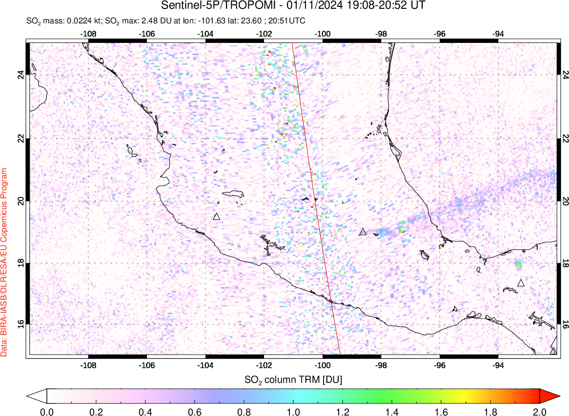 A sulfur dioxide image over Mexico on Jan 11, 2024.