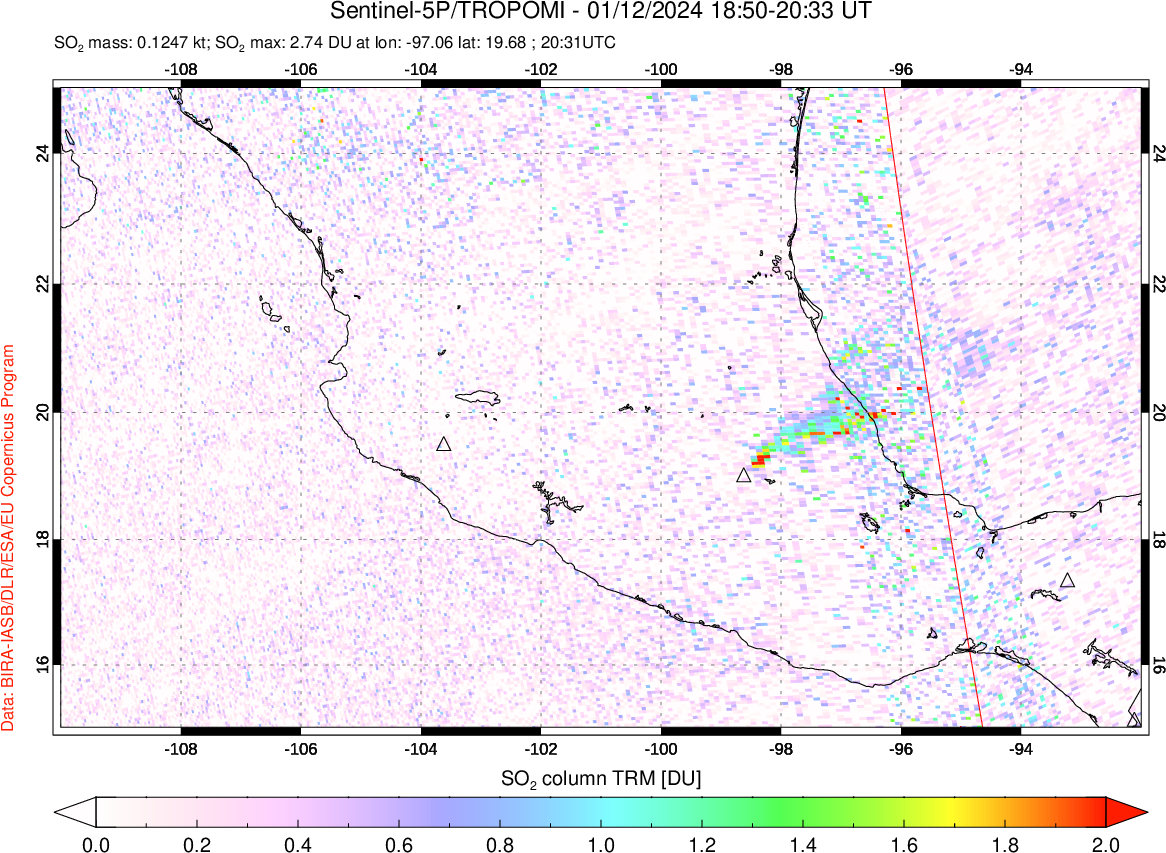 A sulfur dioxide image over Mexico on Jan 12, 2024.