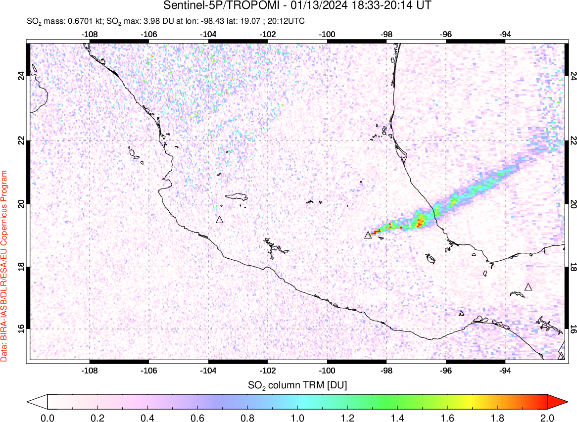 A sulfur dioxide image over Mexico on Jan 13, 2024.