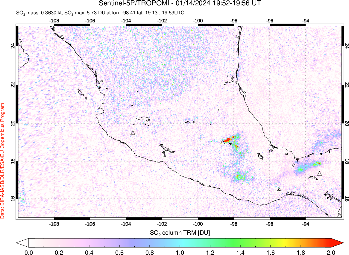 A sulfur dioxide image over Mexico on Jan 14, 2024.