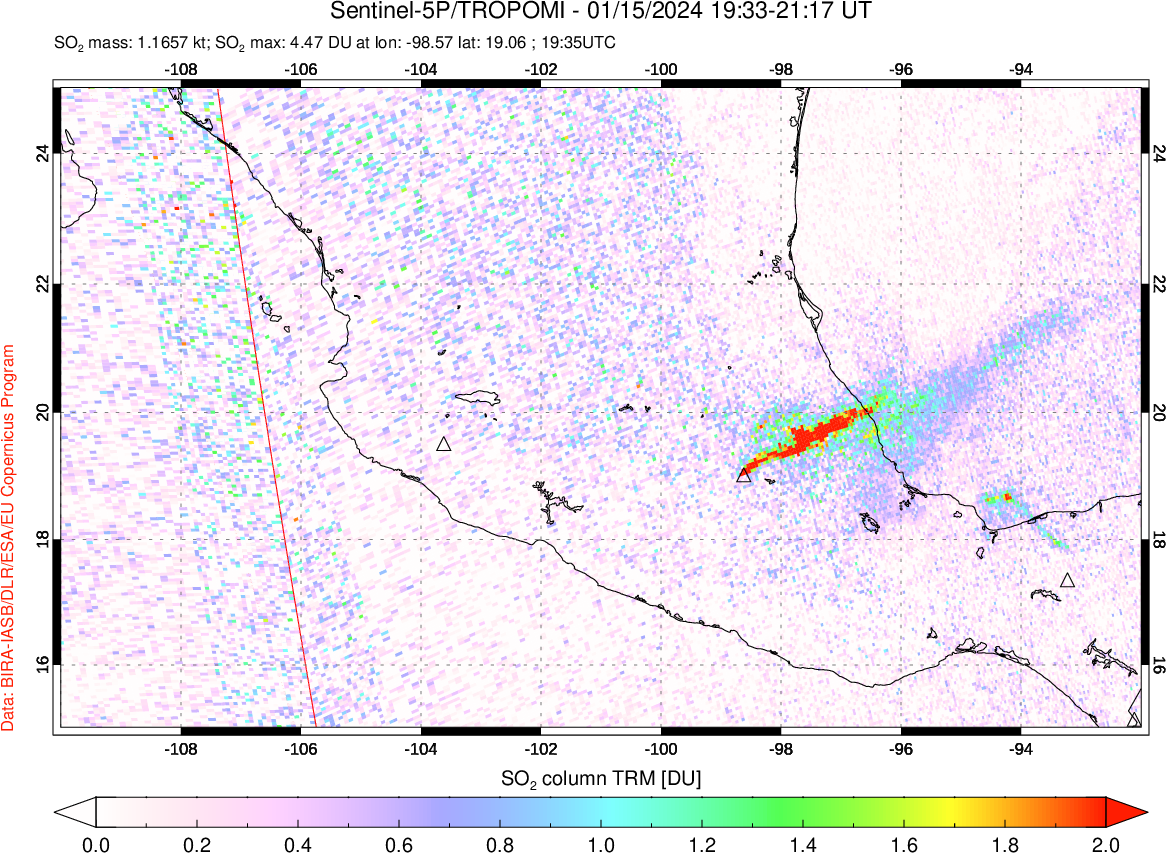 A sulfur dioxide image over Mexico on Jan 15, 2024.