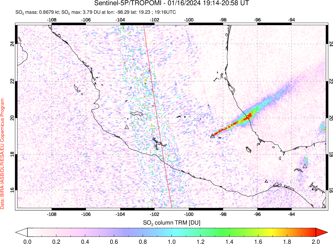 A sulfur dioxide image over Mexico on Jan 16, 2024.