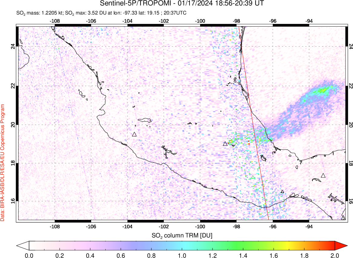 A sulfur dioxide image over Mexico on Jan 17, 2024.