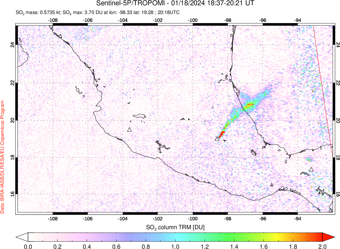 A sulfur dioxide image over Mexico on Jan 18, 2024.