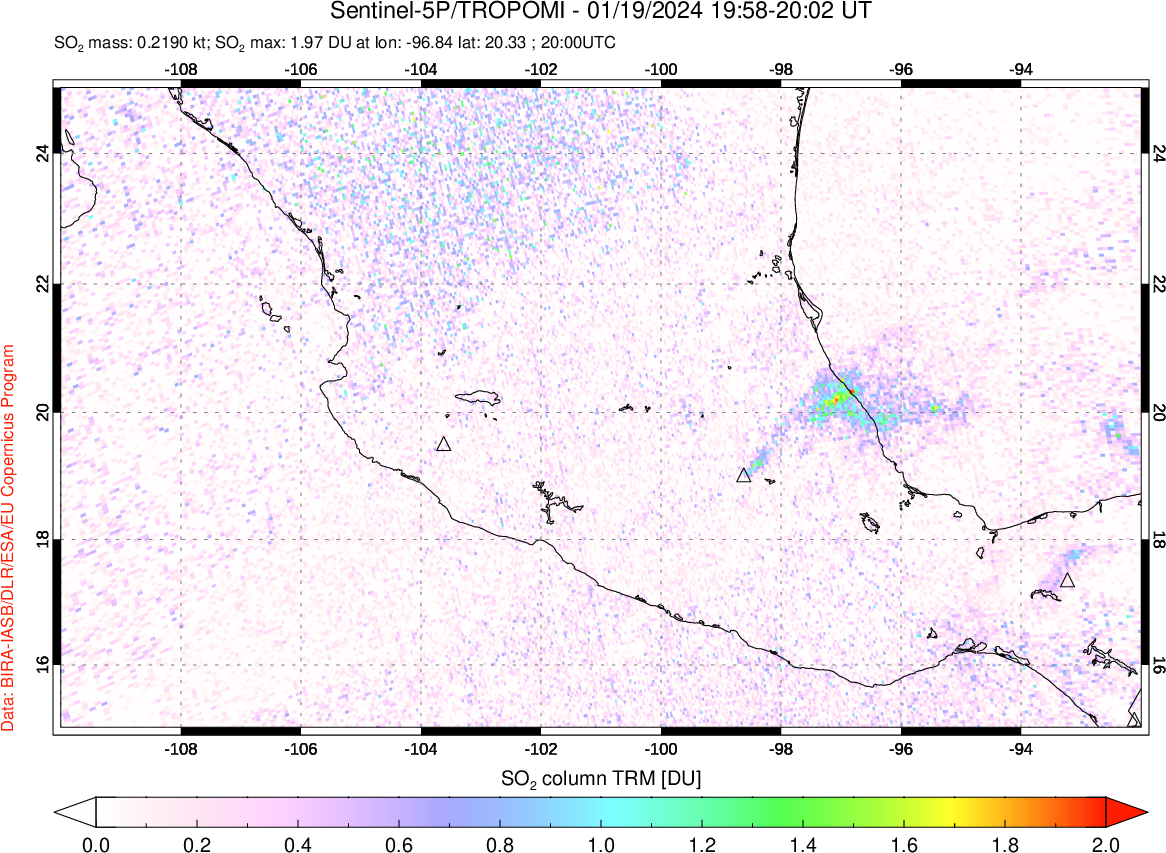 A sulfur dioxide image over Mexico on Jan 19, 2024.