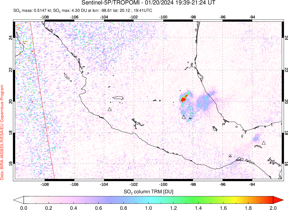 A sulfur dioxide image over Mexico on Jan 20, 2024.