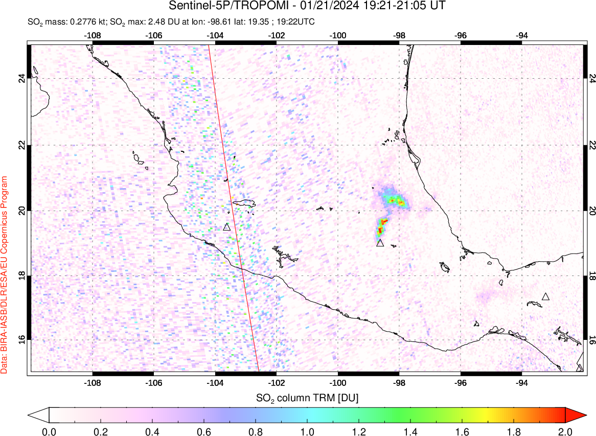 A sulfur dioxide image over Mexico on Jan 21, 2024.