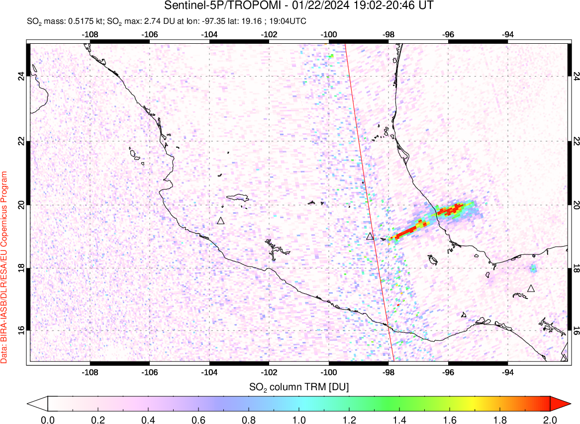 A sulfur dioxide image over Mexico on Jan 22, 2024.