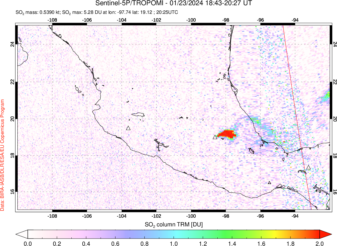 A sulfur dioxide image over Mexico on Jan 23, 2024.