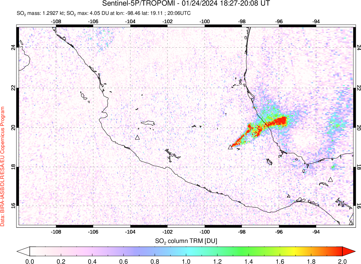 A sulfur dioxide image over Mexico on Jan 24, 2024.