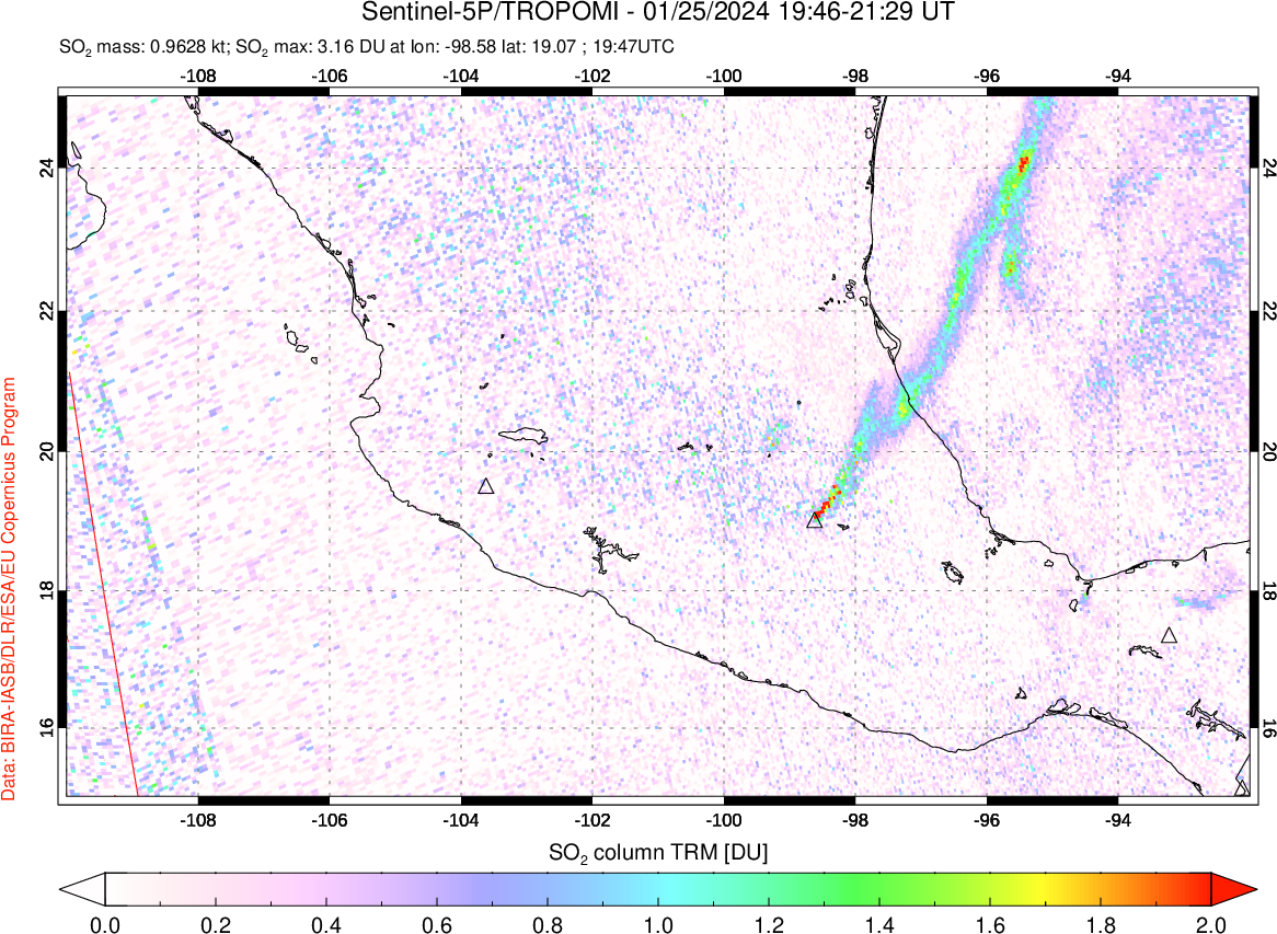 A sulfur dioxide image over Mexico on Jan 25, 2024.