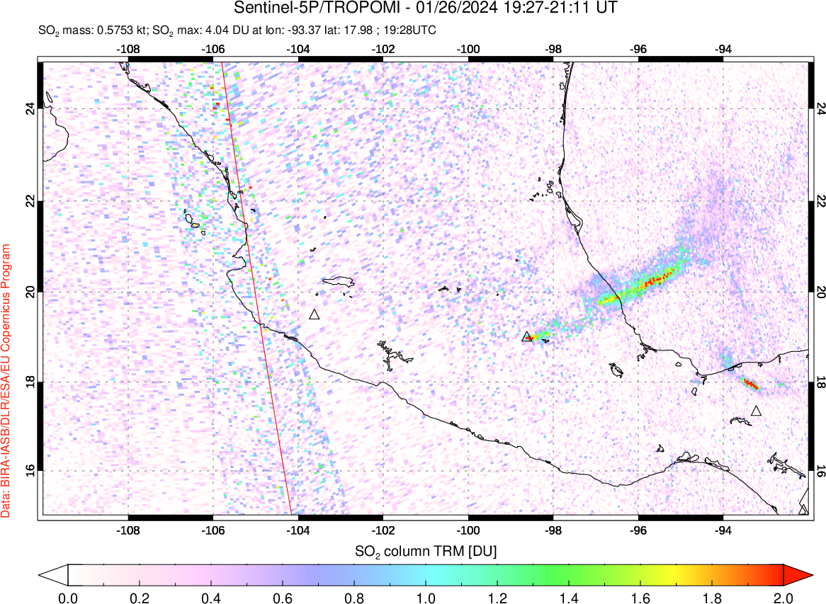 A sulfur dioxide image over Mexico on Jan 26, 2024.