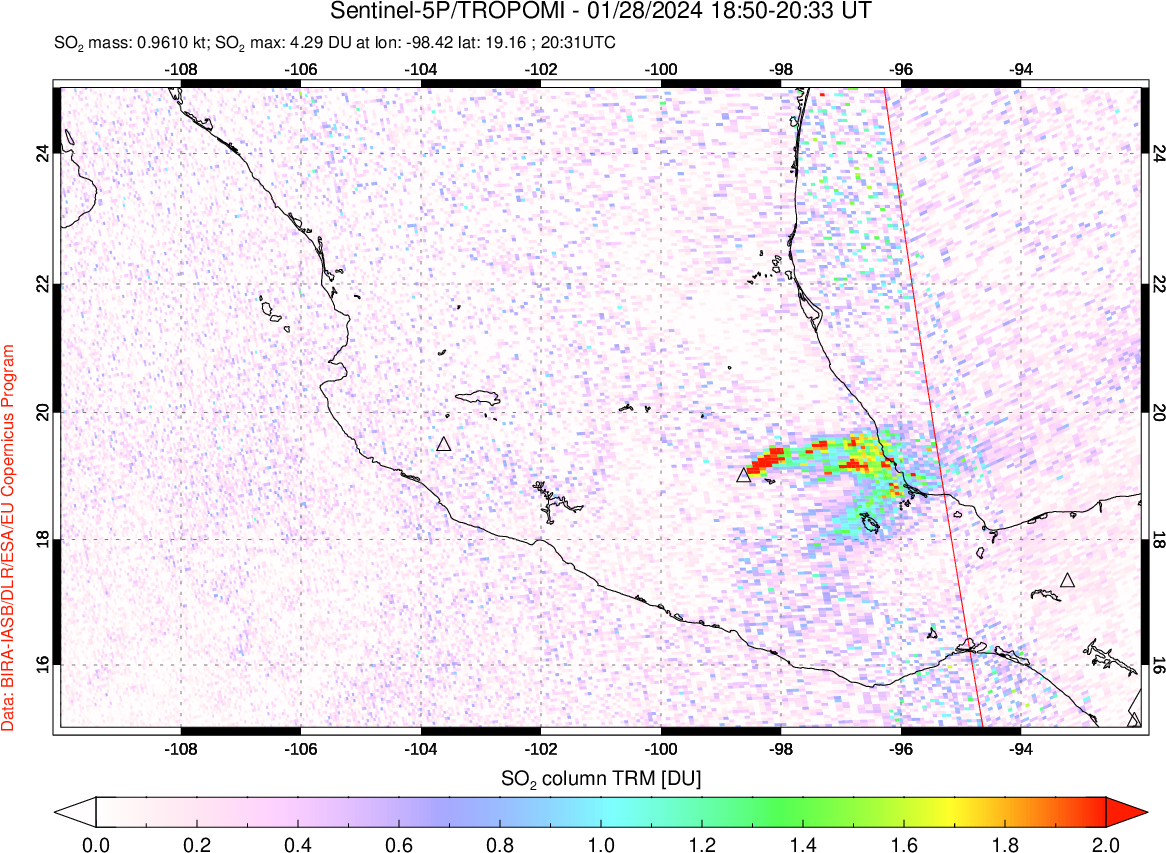 A sulfur dioxide image over Mexico on Jan 28, 2024.