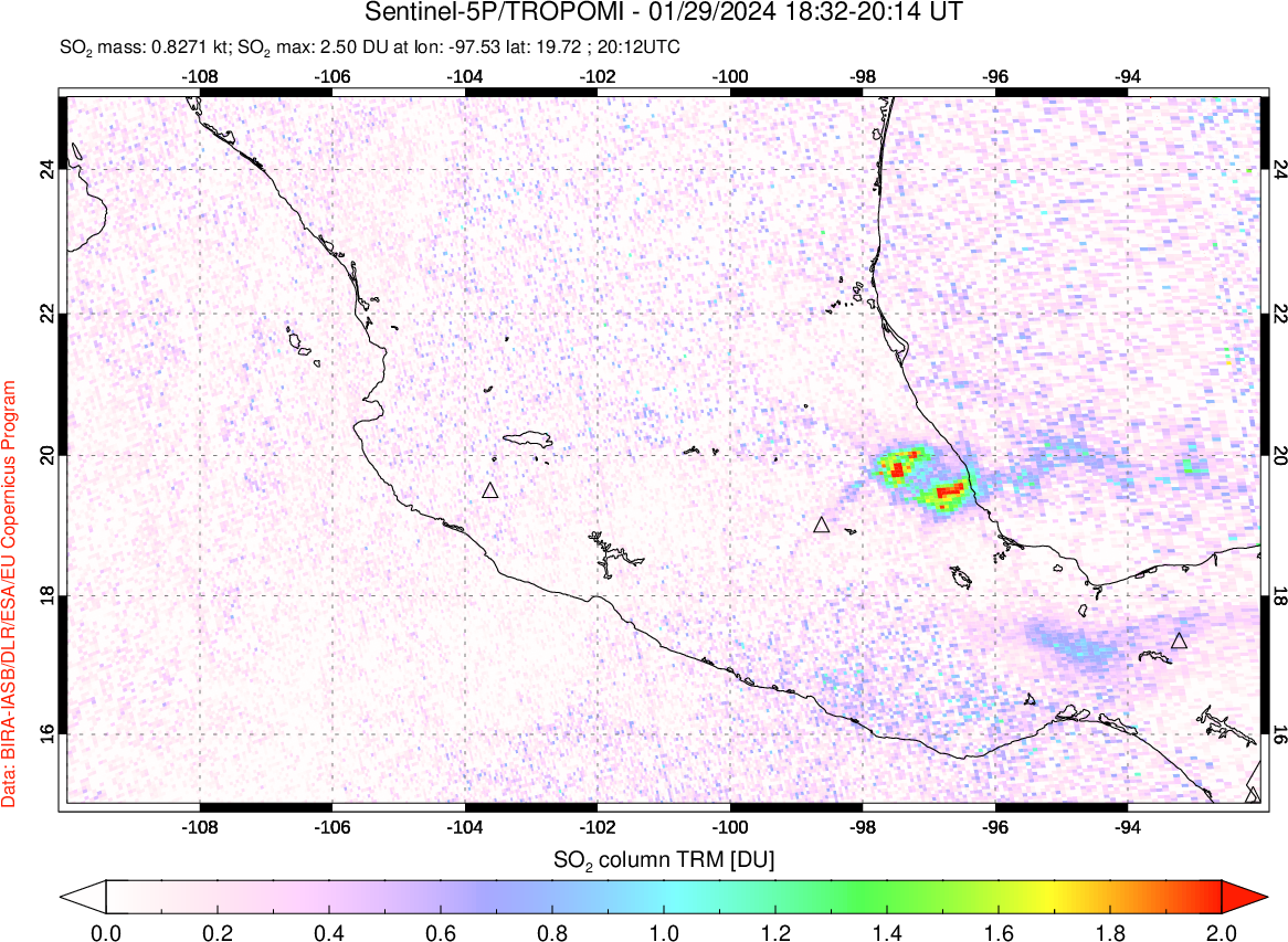 A sulfur dioxide image over Mexico on Jan 29, 2024.