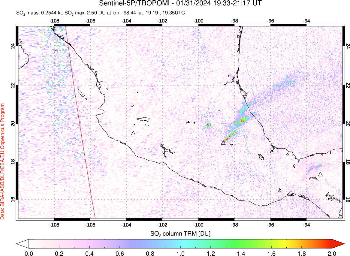 A sulfur dioxide image over Mexico on Jan 31, 2024.