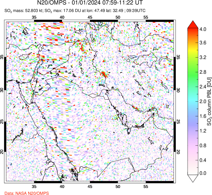 A sulfur dioxide image over Middle East on Jan 01, 2024.