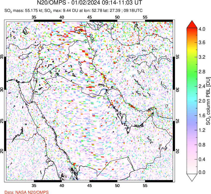 A sulfur dioxide image over Middle East on Jan 02, 2024.