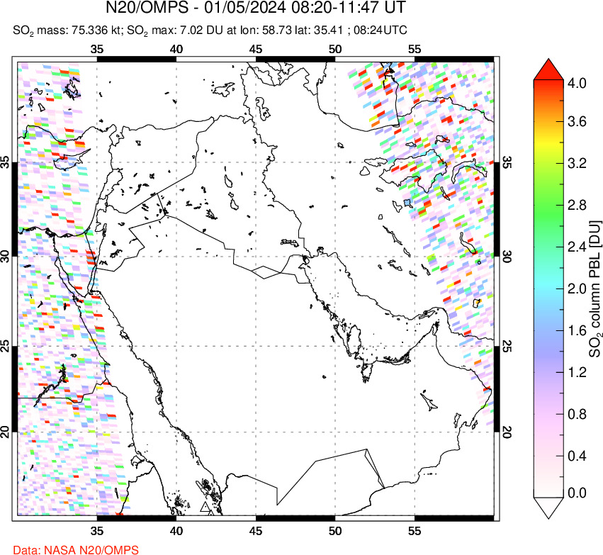 A sulfur dioxide image over Middle East on Jan 05, 2024.