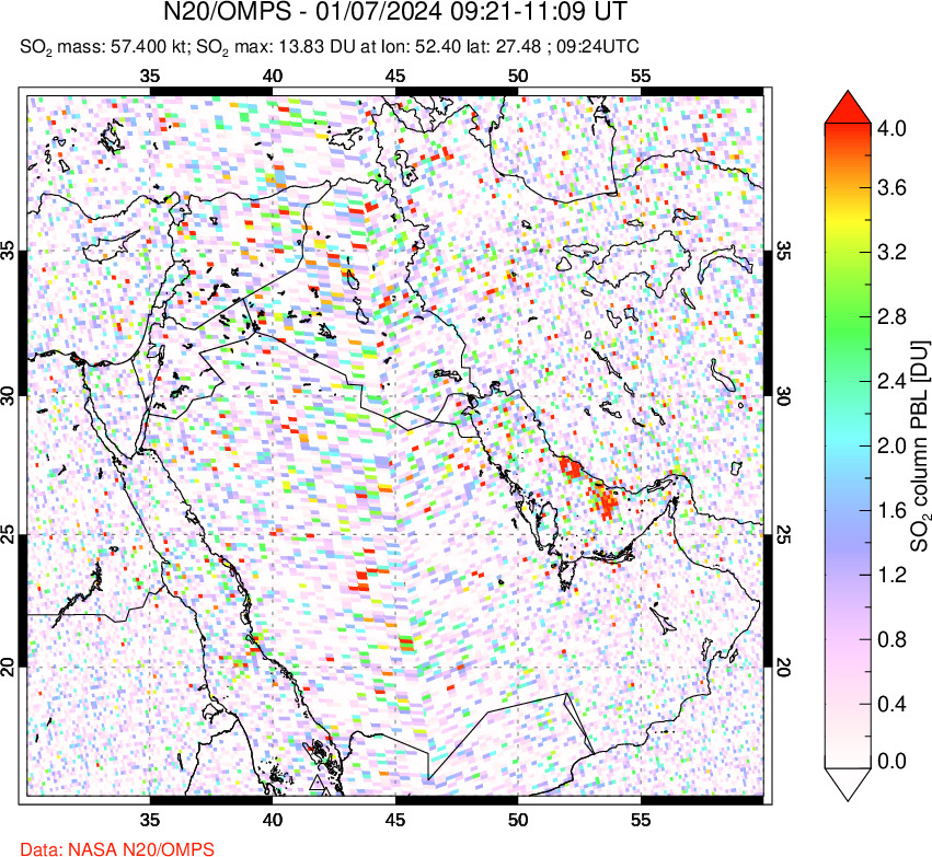 A sulfur dioxide image over Middle East on Jan 07, 2024.