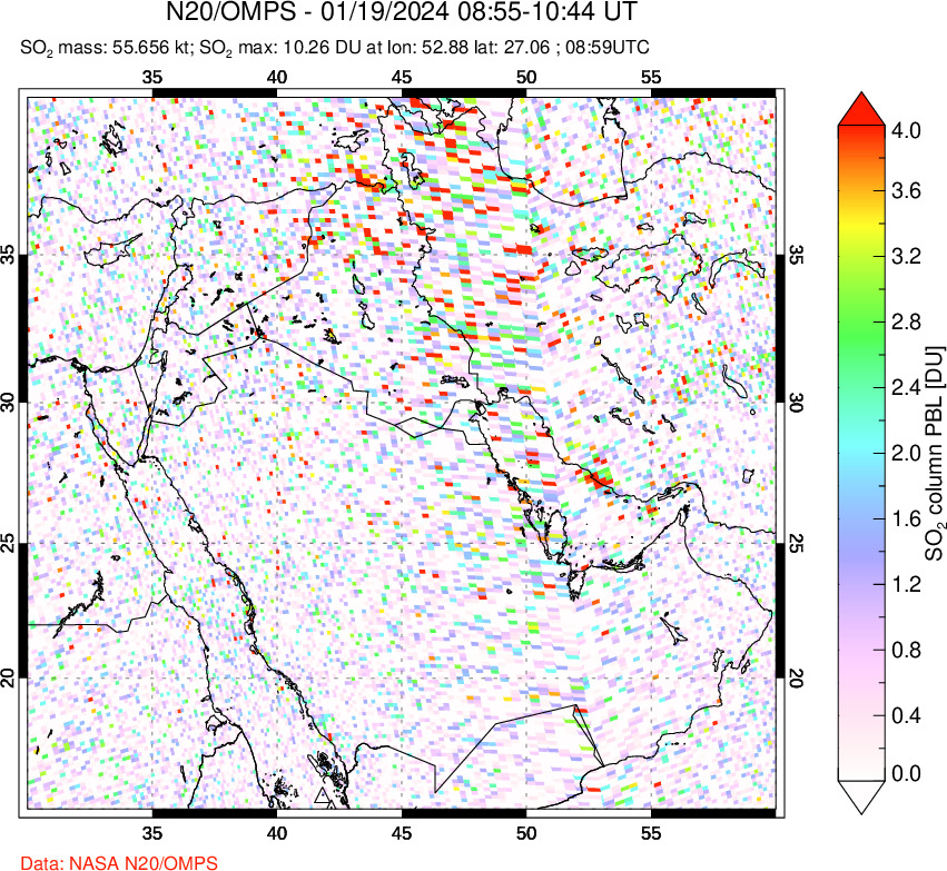 A sulfur dioxide image over Middle East on Jan 19, 2024.