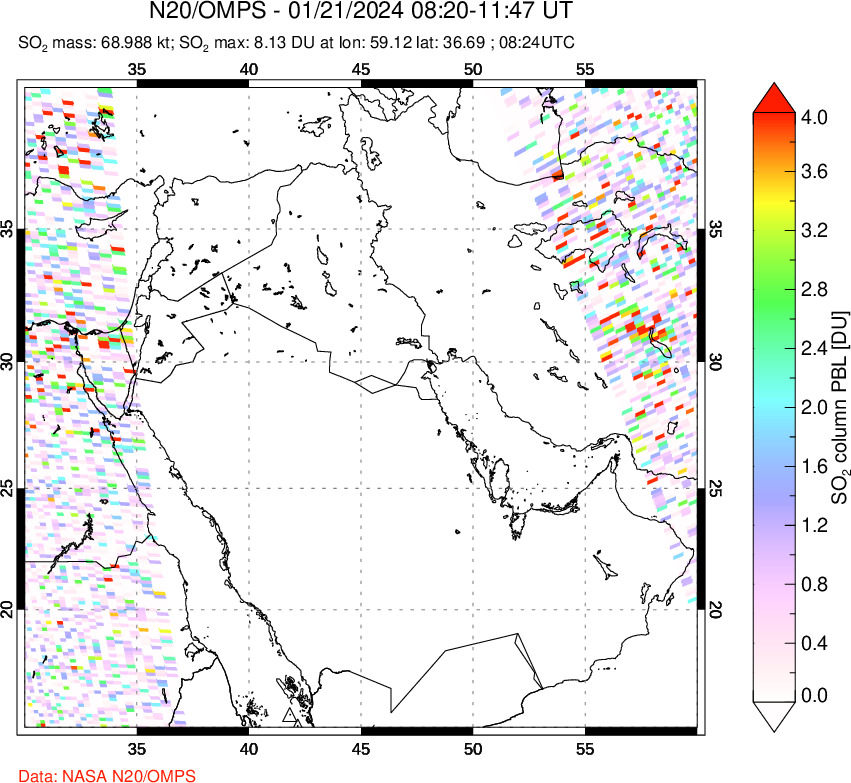 A sulfur dioxide image over Middle East on Jan 21, 2024.