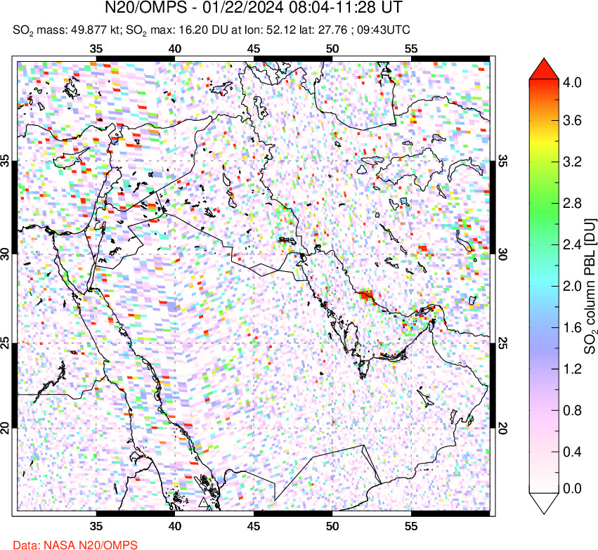 A sulfur dioxide image over Middle East on Jan 22, 2024.