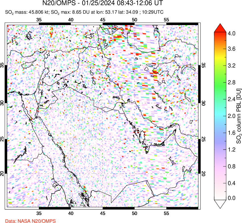 A sulfur dioxide image over Middle East on Jan 25, 2024.