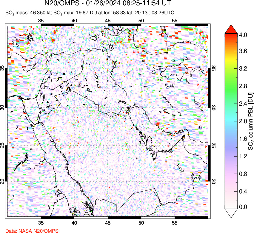 A sulfur dioxide image over Middle East on Jan 26, 2024.