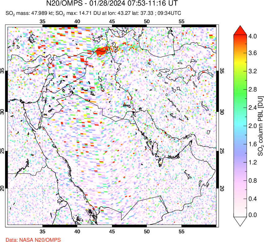 A sulfur dioxide image over Middle East on Jan 28, 2024.