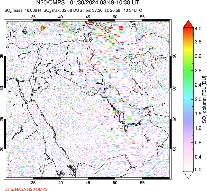 A sulfur dioxide image over Middle East on Jan 30, 2024.