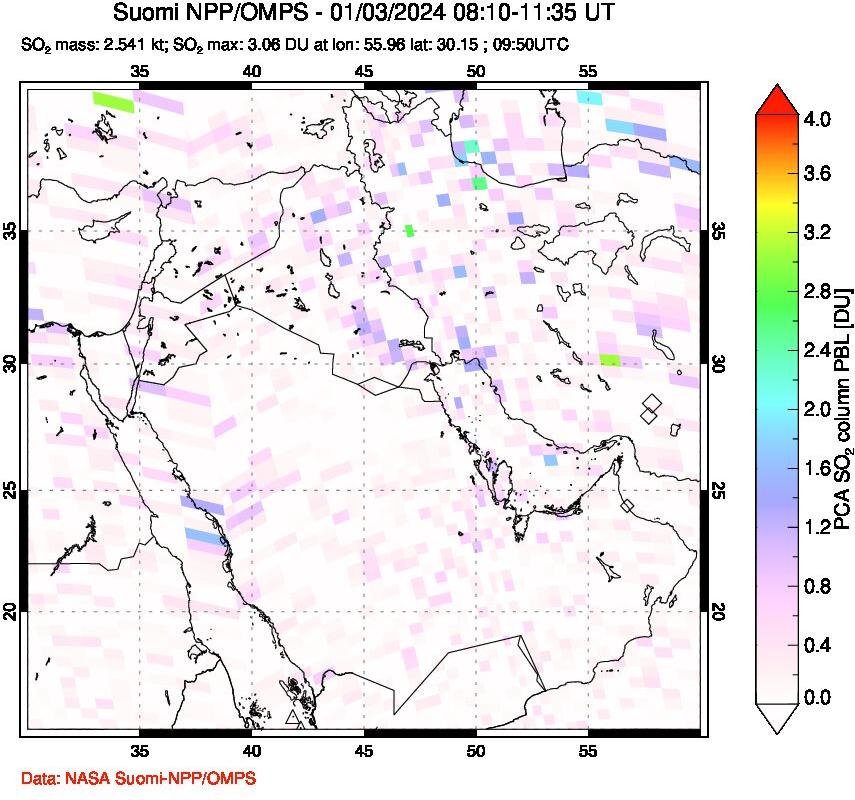 A sulfur dioxide image over Middle East on Jan 03, 2024.