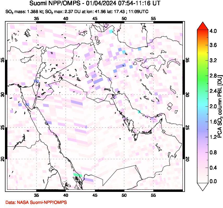 A sulfur dioxide image over Middle East on Jan 04, 2024.