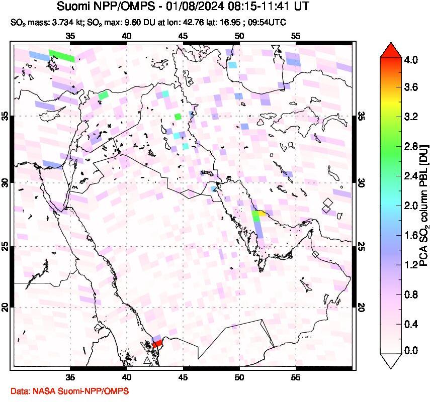 A sulfur dioxide image over Middle East on Jan 08, 2024.