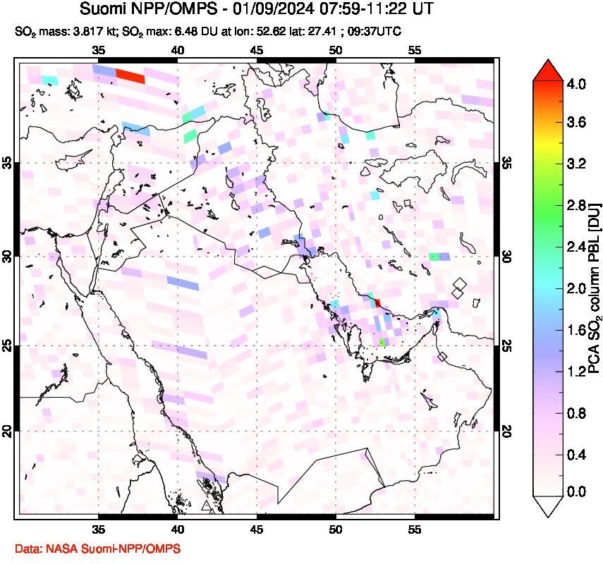 A sulfur dioxide image over Middle East on Jan 09, 2024.