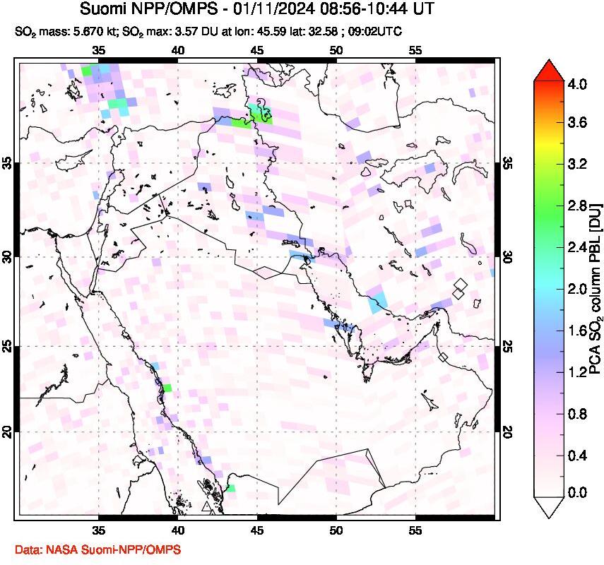 A sulfur dioxide image over Middle East on Jan 11, 2024.