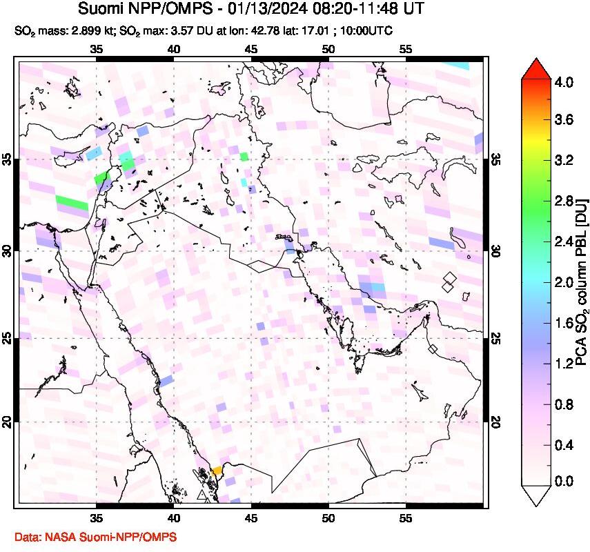 A sulfur dioxide image over Middle East on Jan 13, 2024.