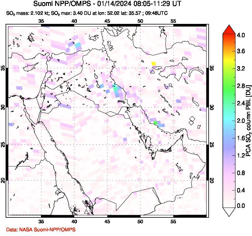 A sulfur dioxide image over Middle East on Jan 14, 2024.