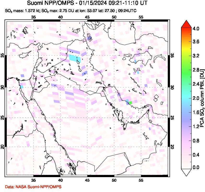 A sulfur dioxide image over Middle East on Jan 15, 2024.