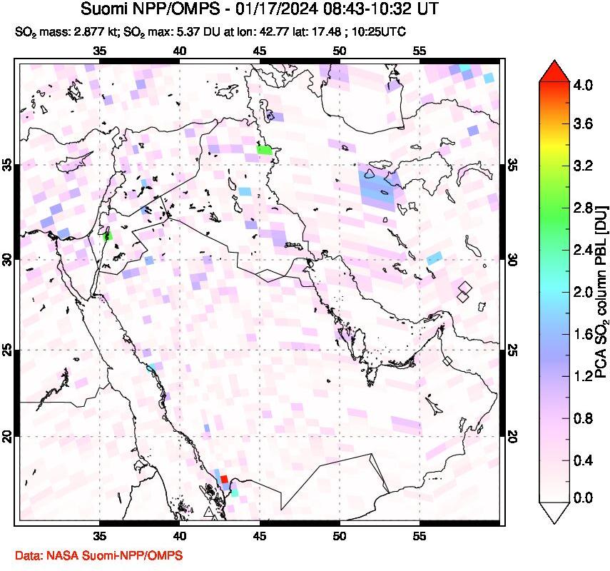 A sulfur dioxide image over Middle East on Jan 17, 2024.