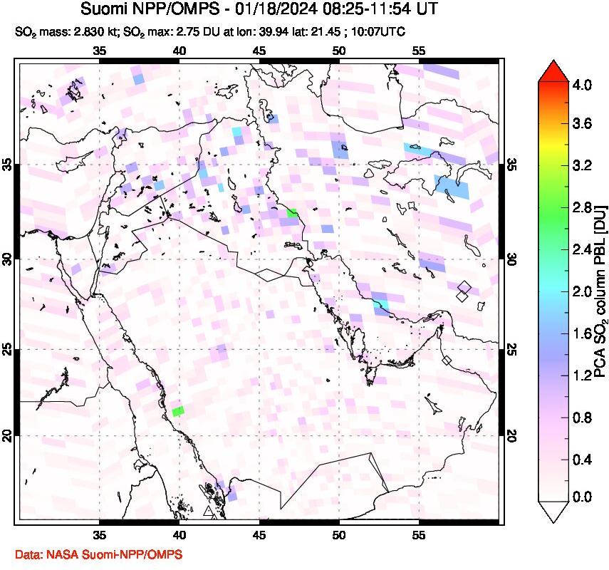 A sulfur dioxide image over Middle East on Jan 18, 2024.