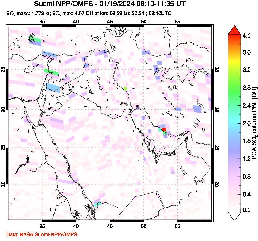 A sulfur dioxide image over Middle East on Jan 19, 2024.