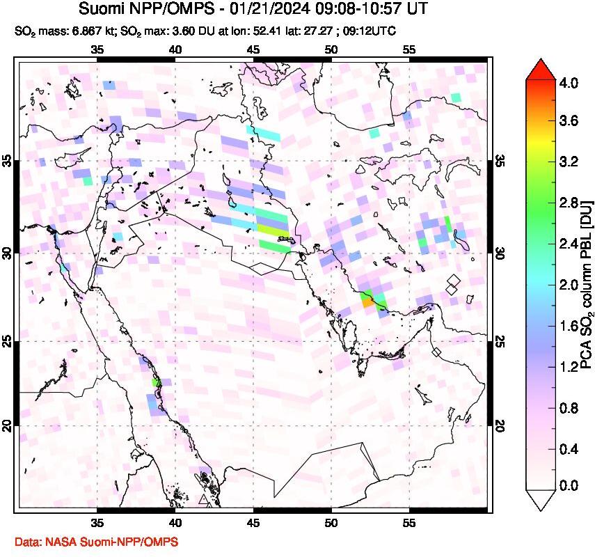 A sulfur dioxide image over Middle East on Jan 21, 2024.