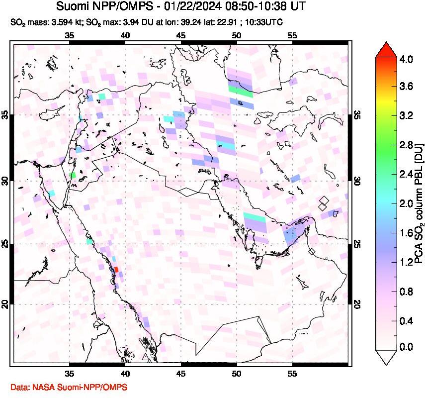 A sulfur dioxide image over Middle East on Jan 22, 2024.