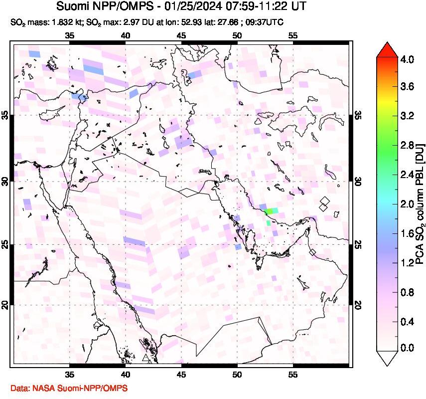 A sulfur dioxide image over Middle East on Jan 25, 2024.