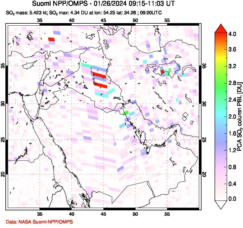 A sulfur dioxide image over Middle East on Jan 26, 2024.